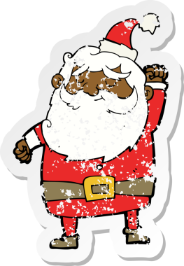 Bir insan tarafından çizilmiş havayı yumruklayan bir Noel Baba çizgi filminin gerilimli retro çıkartması.