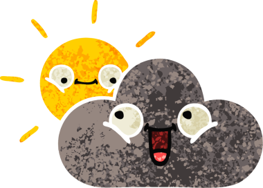 Bir insan tarafından çizilmiş fırtına bulutu ve güneşin retro çizim tarzı karikatürü.