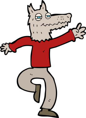 Bir insan tarafından çizilmiş mutlu kurt adam çizgi filmi.