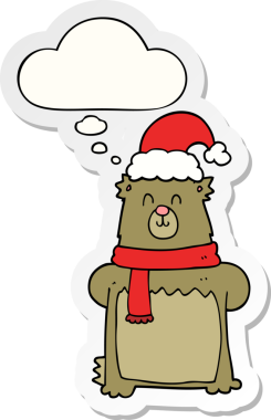 Bir insan tarafından çizilmiş bir çıkartma olarak düşünce baloncuklu Noel şapkası takan çizgi film ayısı.