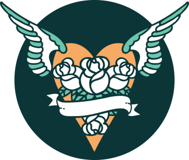 Bir insan tarafından çizilmiş çiçek ve bayrak ile uçan bir kalbin ikonik dövme görüntüsü