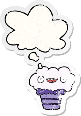 Düşünce baloncuklu çizgi film keki bir insan tarafından çizilmiş yıpranmış bir çıkartma.