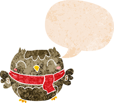 Bir insan tarafından çizilmiş grunge sıkıntılı retro biçimli konuşma baloncuğu ile sevimli çizgi film baykuşu