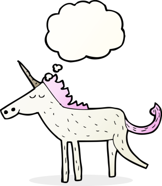 Bir insan tarafından çizilmiş düşünce baloncuklu tek boynuzlu at.
