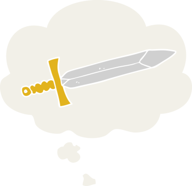 Düşünce baloncuklu çizgi film kılıcı insan tarafından çizilmiş.