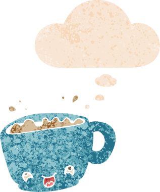 Düşünce baloncuklu bir kahve fincanı grunge sıkıntılı retro desenli bir insan tarafından çizilmiş