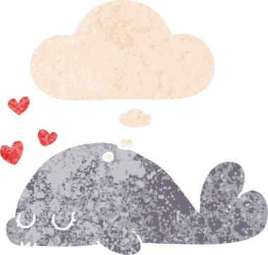 Homurdanan düşünce baloncuğu olan sevimli çizgi film yunusu insan tarafından çizilmiş dertli retro stili.