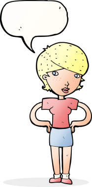 Bir insan tarafından çizilmiş konuşma balonlu elleri olan çizgi film kadını.