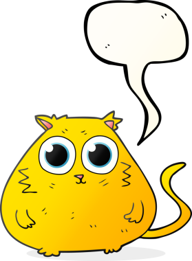 Bir insan tarafından çizilmiş büyük güzel gözleri olan serbest konuşma balonu çizgi film kedisi.