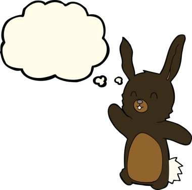 Bir insan tarafından çizilmiş düşünce balonlu mutlu tavşan çizgi filmi.