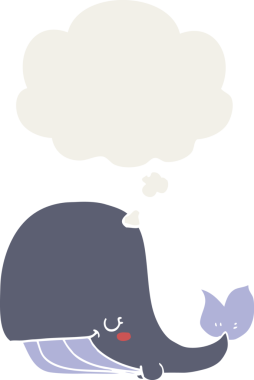 Düşünce baloncuğu olan karikatür balinası insan tarafından çizilmiş.