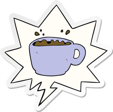 Bir insan tarafından çizilmiş konuşma balonu çıkartmalı çizgi film kahve fincanı.