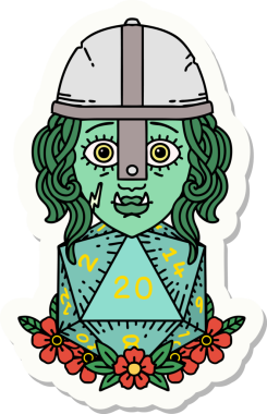 Bir insan tarafından çizilmiş 20 zarlı yarı ork savaşçı karakterinin çıkartması.