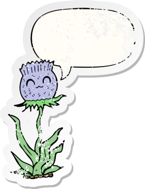 Konuşma baloncuğu olan çizgi film devedikeni bir insan tarafından çizilmiş sıkıntılı eski bir çıkartma