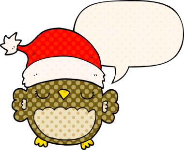 Bir insan tarafından çizilmiş çizgi roman tarzında konuşma balonu olan sevimli noel baykuşu.