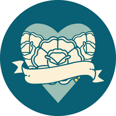 İkonik dövme stili bir kalp ve bir insan tarafından çizilmiş çiçekli pankart.