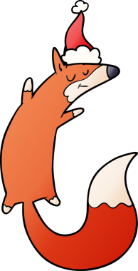 Bir insan tarafından çizilmiş Noel Baba şapkası giymiş zıplayan tilkinin el çizimi karikatürü.