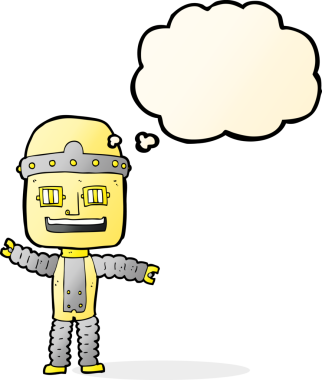 Bir insan tarafından çizilmiş düşünce baloncuklu çizgi film robotu.