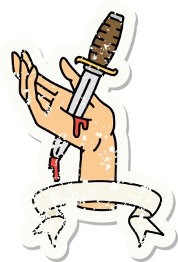 Bir insan tarafından çizilmiş bir hançerin bayrağını taşıyan eski bir etiket.