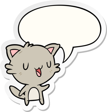 Bir insan tarafından çizilmiş konuşma balonu çıkartmalı mutlu kedi çizgi filmi.