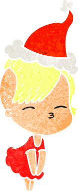 Bir insan tarafından çizilmiş Noel Baba şapkası giyen şaşı bir kızın el çizimi karikatürü.