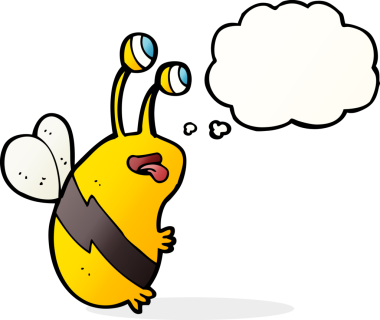 Bir insan tarafından çizilmiş düşünce balonlu komik bir arı.