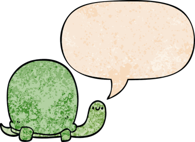 Konuşma baloncuğu olan sevimli karikatür kaplumbağası insan tarafından çizilmiş.