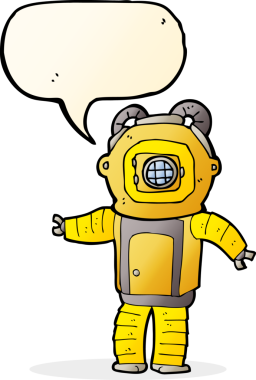 Bir insan tarafından çizilmiş konuşma balonlu derin deniz dalgıcı çizgi filmi.