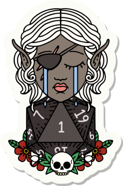 Ağlayan bir elf karakterinin çıkartması. İnsan tarafından çizilmiş doğal bir D20 yuvarlak yüzlü.