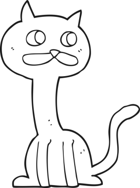 Bir insan tarafından çizilmiş siyah beyaz çizgi film kedisi.