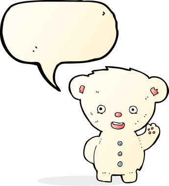 Bir insan tarafından çizilmiş konuşma balonlu kutup ayısı yavrusunu sallayan çizgi film.