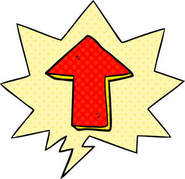 Bir insan tarafından çizilmiş çizgi roman tarzında konuşma balonlu bir ok gösteren çizgi film.