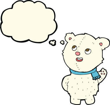 Bir insan tarafından çizilmiş düşünce baloncuklu şirin kutup ayısı yavrusu.