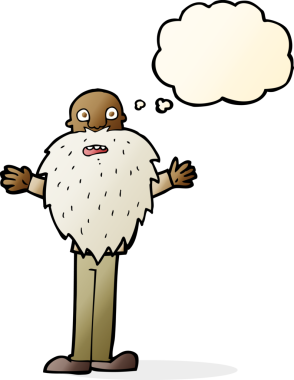 Karikatür sakallı yaşlı adam. Düşünce baloncuğu insan tarafından çizilmiş.