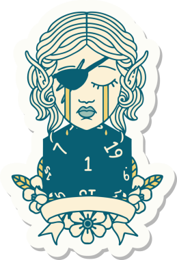 Ağlayan bir elf haydut karakterinin çıkartması. Bir insan tarafından çizilmiş doğal bir D20 rulosu.