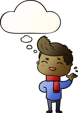 Çizgi filmci, bir insan tarafından çizilmiş yumuşak eğimli düşünce baloncuğuyla gülüyor.