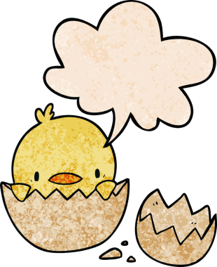 Yumurtadan fırlayan tatlı çizgi film pilici konuşma baloncuğu ile insan tarafından çizilmiş retro doku.