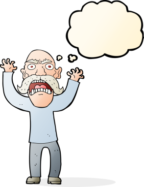 Bir insan tarafından çizilmiş düşünce baloncuğu olan kızgın yaşlı bir adam.