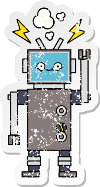 Bir insan tarafından çizilmiş sevimli bir robot çizgi film çıkartması.