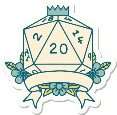 Bir insan tarafından çizilmiş 20 kritik vuruşluk D20 zar etiketi.