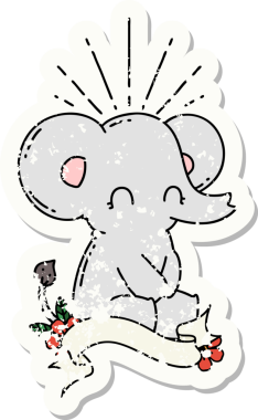 Dövme stili eski bir çıkartma. Bir insan tarafından çizilmiş şirin bir fil.