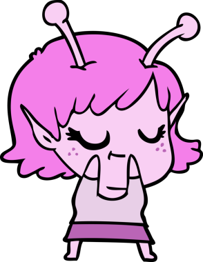 Bir insan tarafından çizilmiş gülümseyen uzaylı kız çizgi filmi.