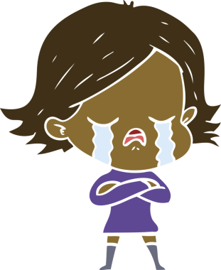 Bir insan tarafından çizilmiş düz renkli çizgi film kızı ağlıyor.