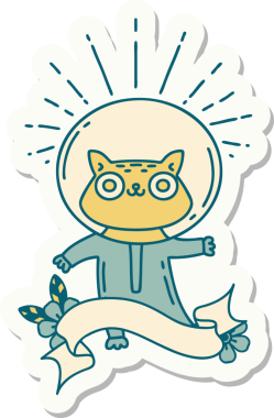 Bir insan tarafından çizilmiş astronot kostümlü dövme stili bir kedinin çıkartması.