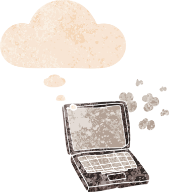 Düşünce baloncuklu çizgi film dizüstü bilgisayarı grunge sıkıntılı retro desenli bir insan tarafından çizilmiş