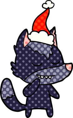 Bir insan tarafından çizilmiş Noel Baba şapkası takan bir kurt resmi.