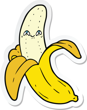 Bir insan tarafından çizilmiş çılgın mutlu bir muzun çıkartması.