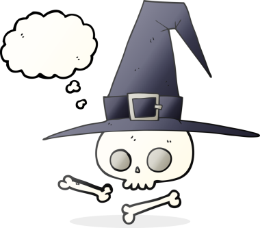 Bir insan tarafından çizilmiş kafatası ile serbest çizilmiş düşünce balonu cadı şapkası.