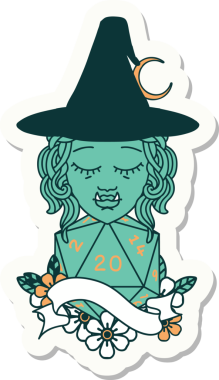 Bir insan tarafından çizilmiş doğal yirmi zarlı yarım ork cadı karakterinin çıkartması.