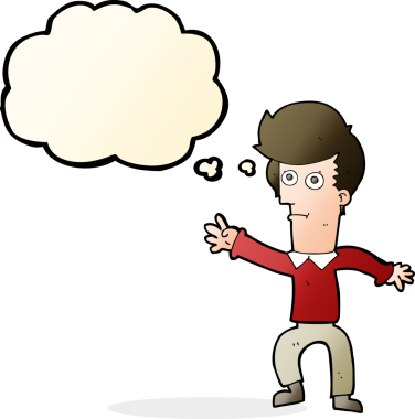 Bir insan tarafından çizilmiş düşünce baloncuğuyla el sallayan çizgi film adamı.